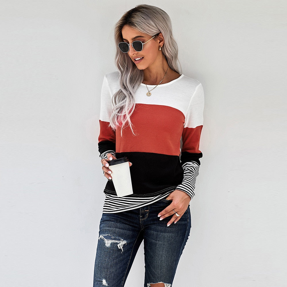 Woman Knitted Clothes Sweaters Stitching Color Long Sleeve Winter Blouses