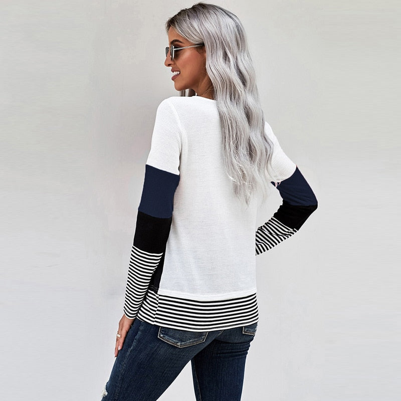 Woman Knitted Clothes Sweaters Stitching Color Long Sleeve Winter Blouses