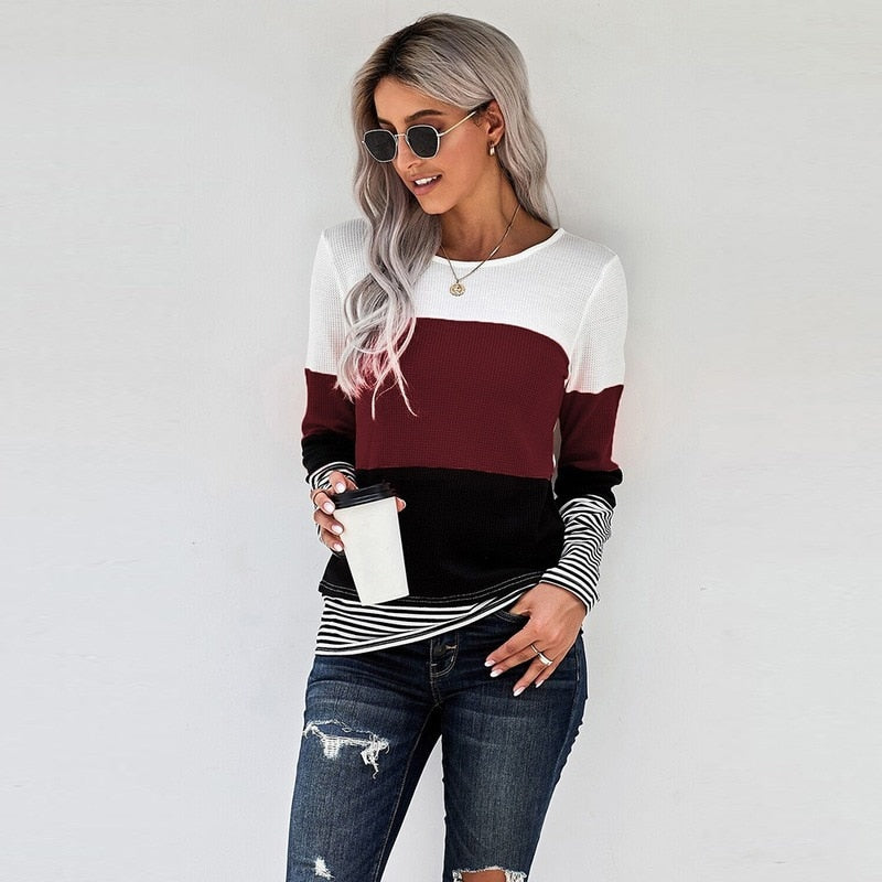 Woman Knitted Clothes Sweaters Stitching Color Long Sleeve Winter Blouses