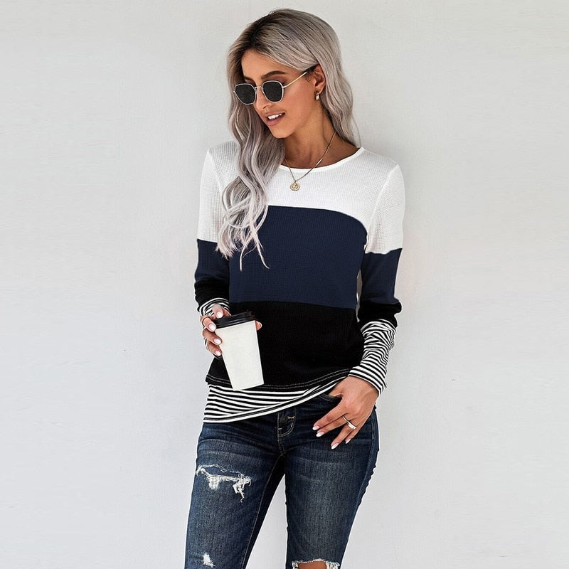 Woman Knitted Clothes Sweaters Stitching Color Long Sleeve Winter Blouses