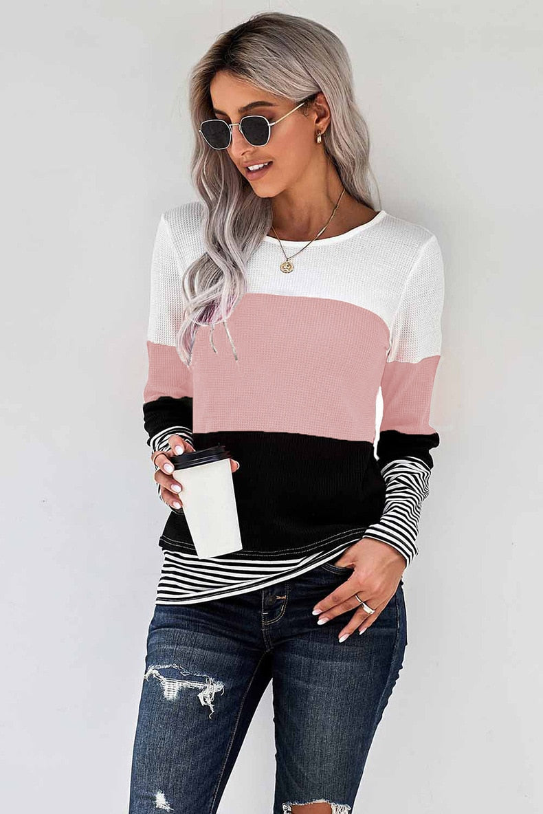 Woman Knitted Clothes Sweaters Stitching Color Long Sleeve Winter Blouses