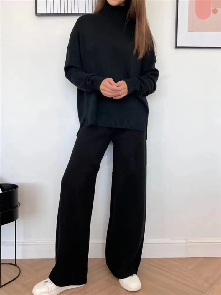 2 Pieces Sets Knitted Tracksuit Turtleneck Sweater and Straight Jogging Pants
