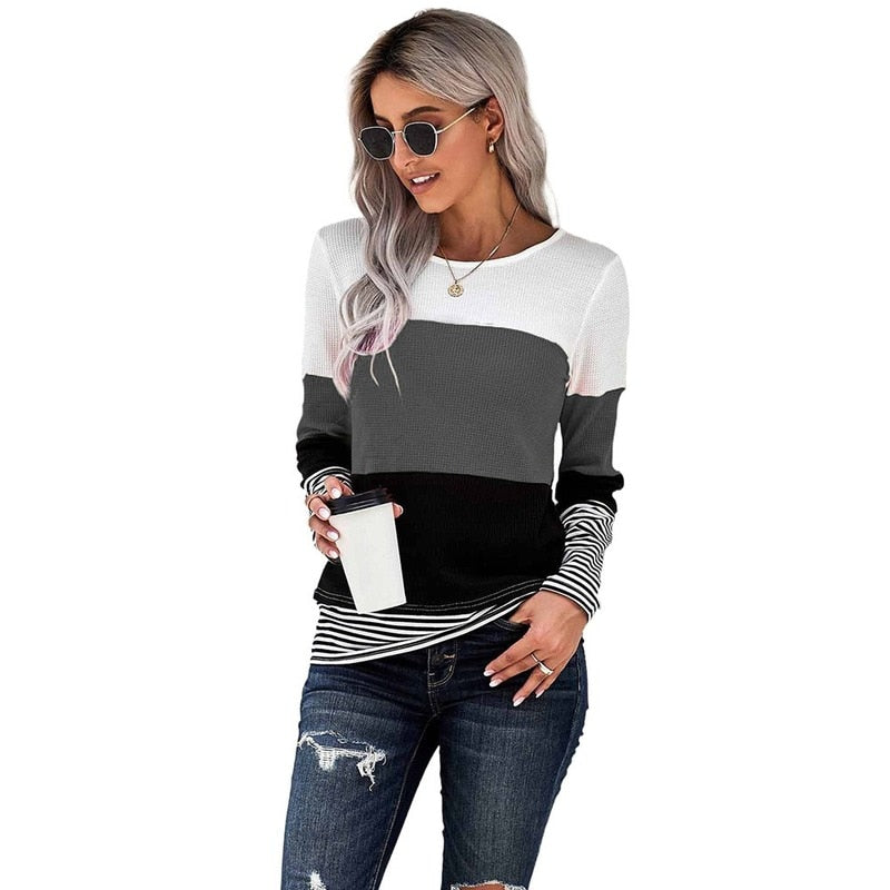 Woman Knitted Clothes Sweaters Stitching Color Long Sleeve Winter Blouses