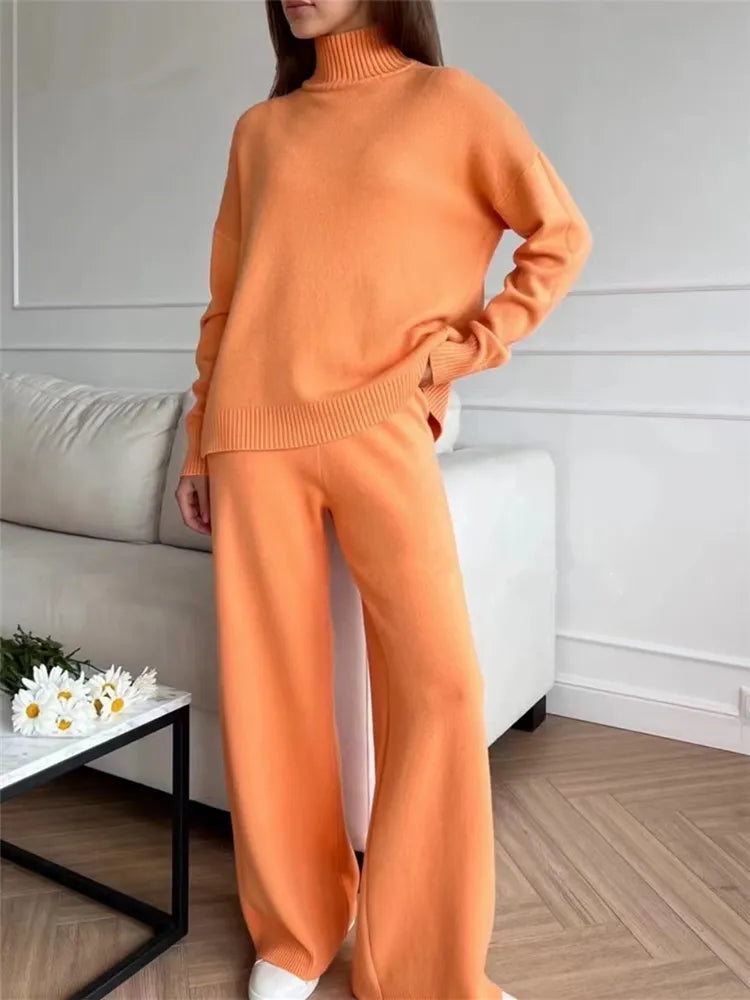 2 Pieces Sets Knitted Tracksuit Turtleneck Sweater and Straight Jogging Pants
