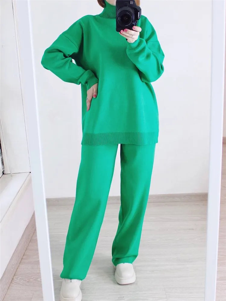 2 Pieces Sets Knitted Tracksuit Turtleneck Sweater and Straight Jogging Pants